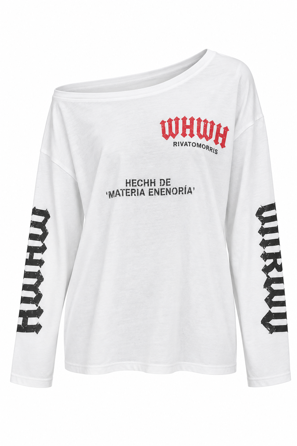 T-Shirt Off Shoulder Print Wit dames met lange mouwen en zwarte en rode print