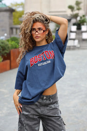 Boston T-shirt donkerblauw met wijde korte mouwen