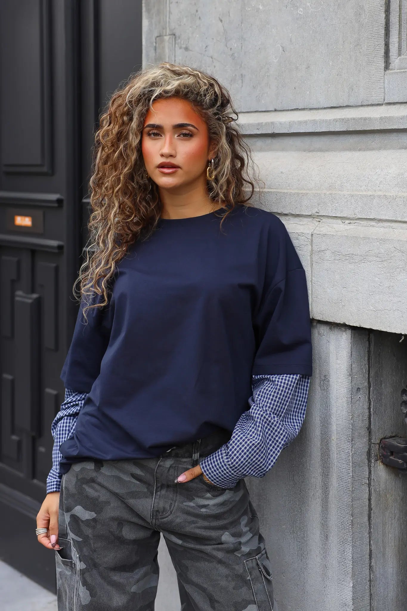 T-shirt geruite mouwen donkerblauw voor dames
