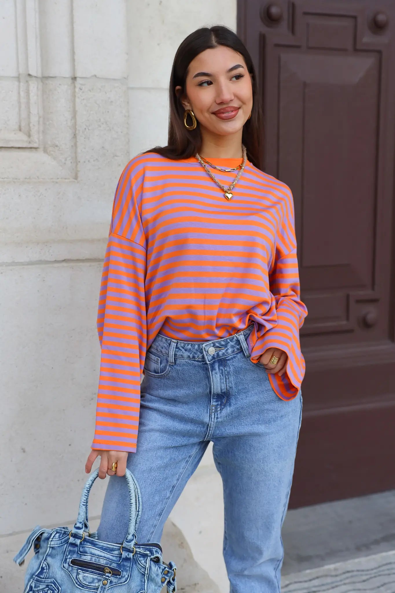 t shirt lange mouwen strepen oranje dames straat look ladylike