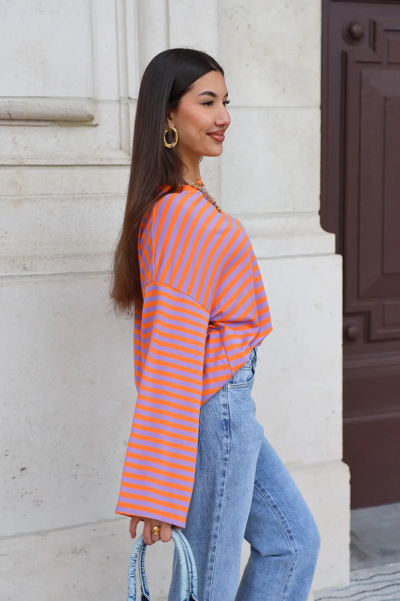 t shirt lange mouwen strepen oranje dames zijkant model ladylike
