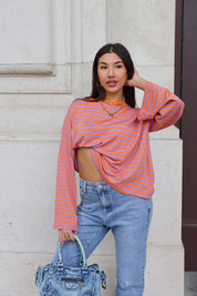 oranje gestreepte lange mouwen t shirt dames outfit ladylike