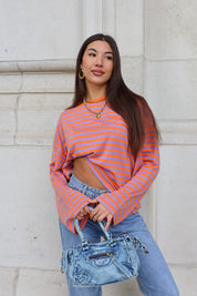 oranje gestreepte lange mouwen top dames pose ladylike