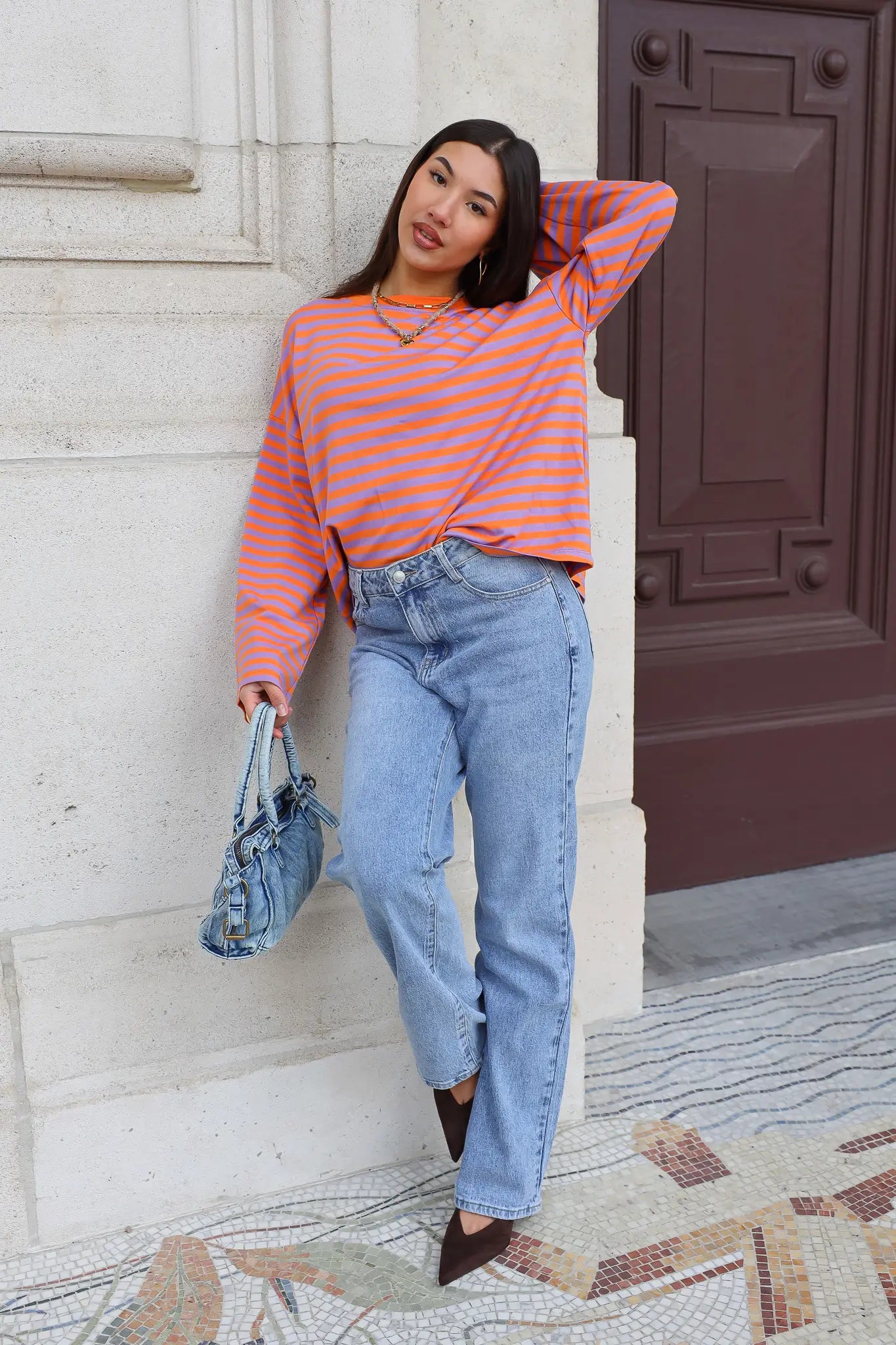 oranje gestreepte top lange mouwen dames outfit ladylike