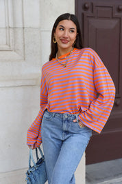 oranje gestreepte top lange mouwen dames streetstyle ladylike