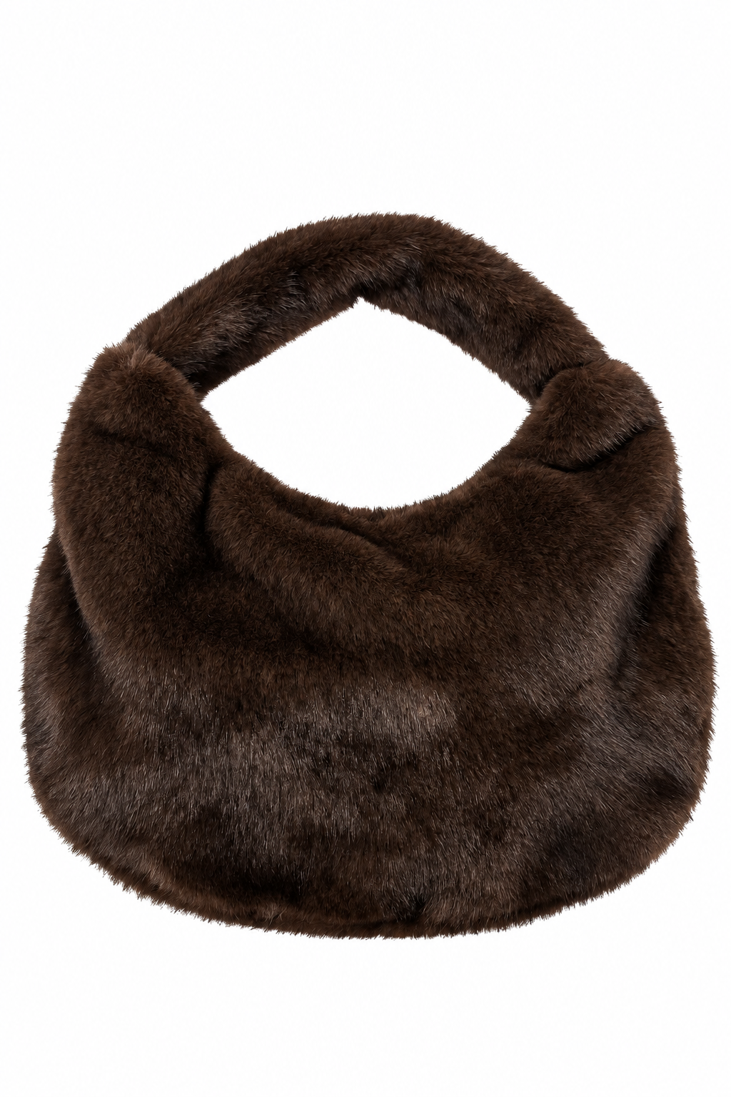 Donkerbruine faux fur tas van imitatiebont met ronde vorm en kort hengsel op witte achtergrond
