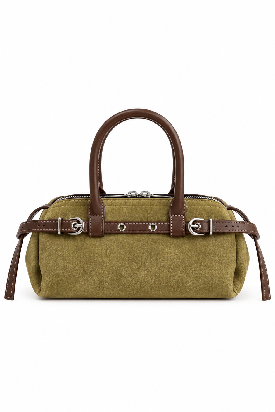 Khaki suèdelook handtas met donkerbruine handvatten, decoratieve gespen en zilverkleurige details op witte achtergrond