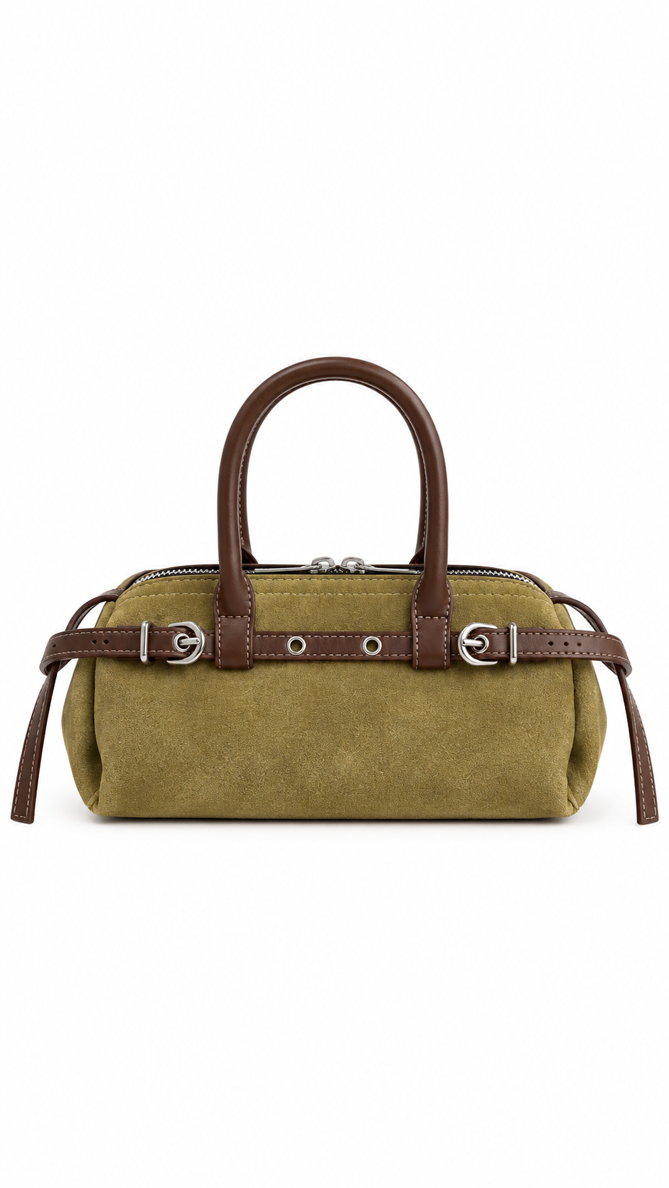 Khaki suèdelook handtas met donkerbruine handvatten, decoratieve gespen en zilverkleurige details op witte achtergrond
