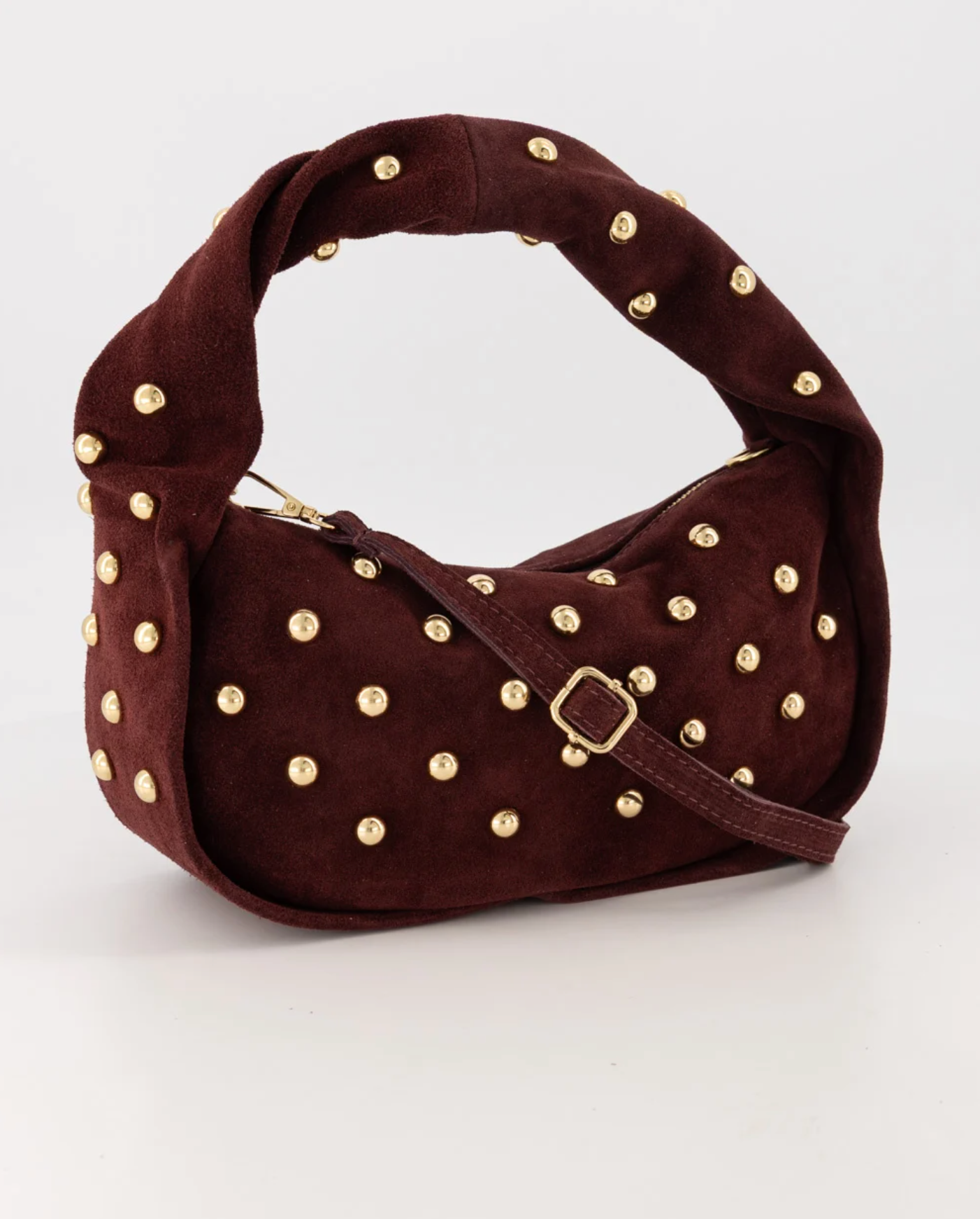 tas suede lottie bordeaux handtas hengsel goudkleurige studs ladylike