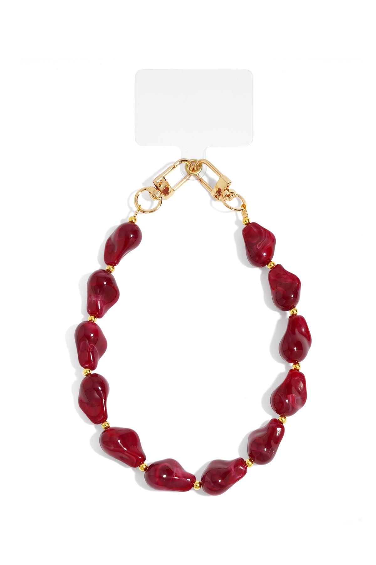 Bordeaux telefoonkoord met goudkleurige clip op witte achtergrond