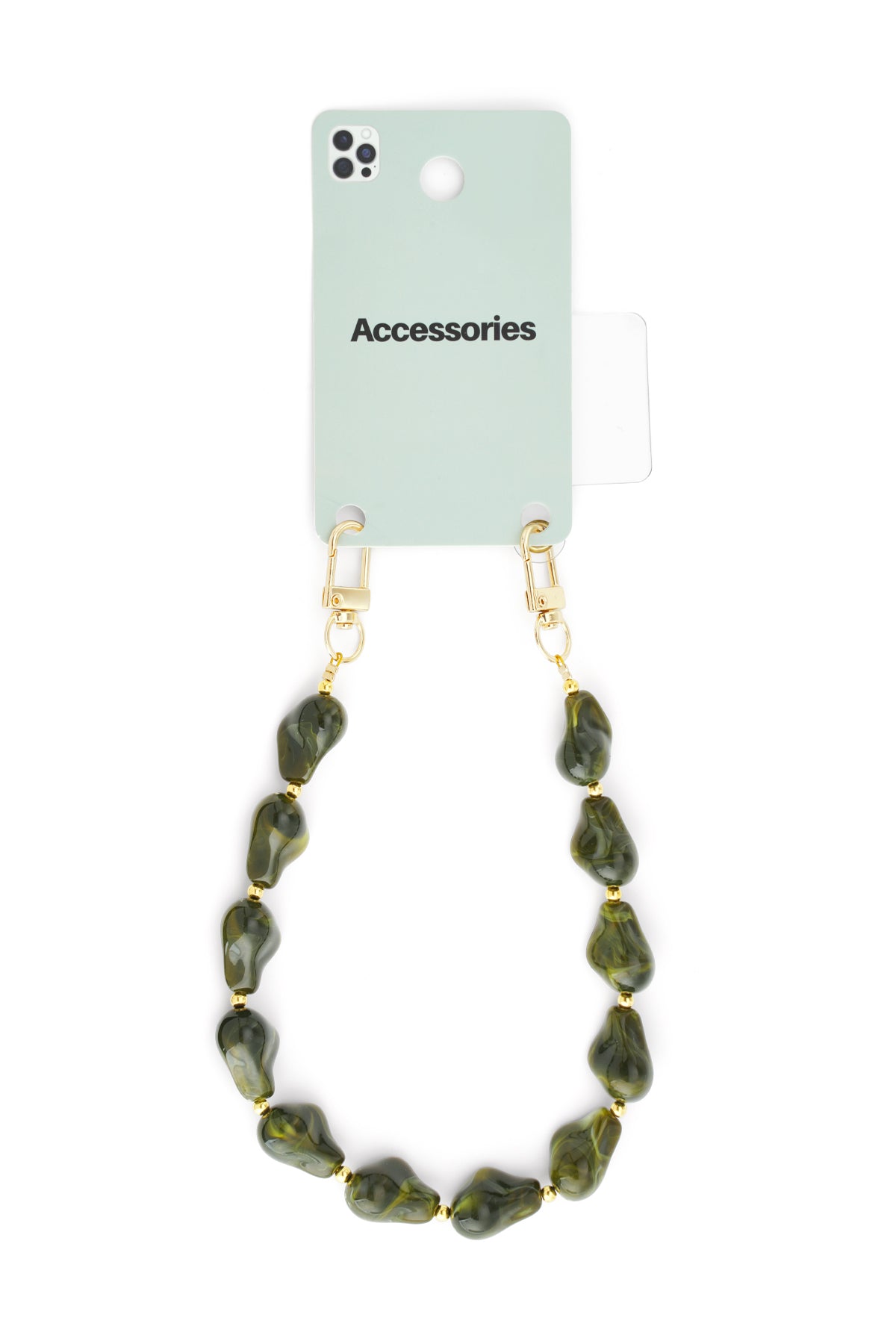 Groene telefoonkoord met goudkleurige clip aan houder