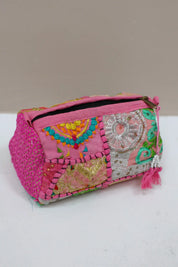 toilet tasje roze Bali style print patchwork sari stof make up tas