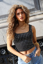 zwarte crop top met steentjes dames outfit ladylike