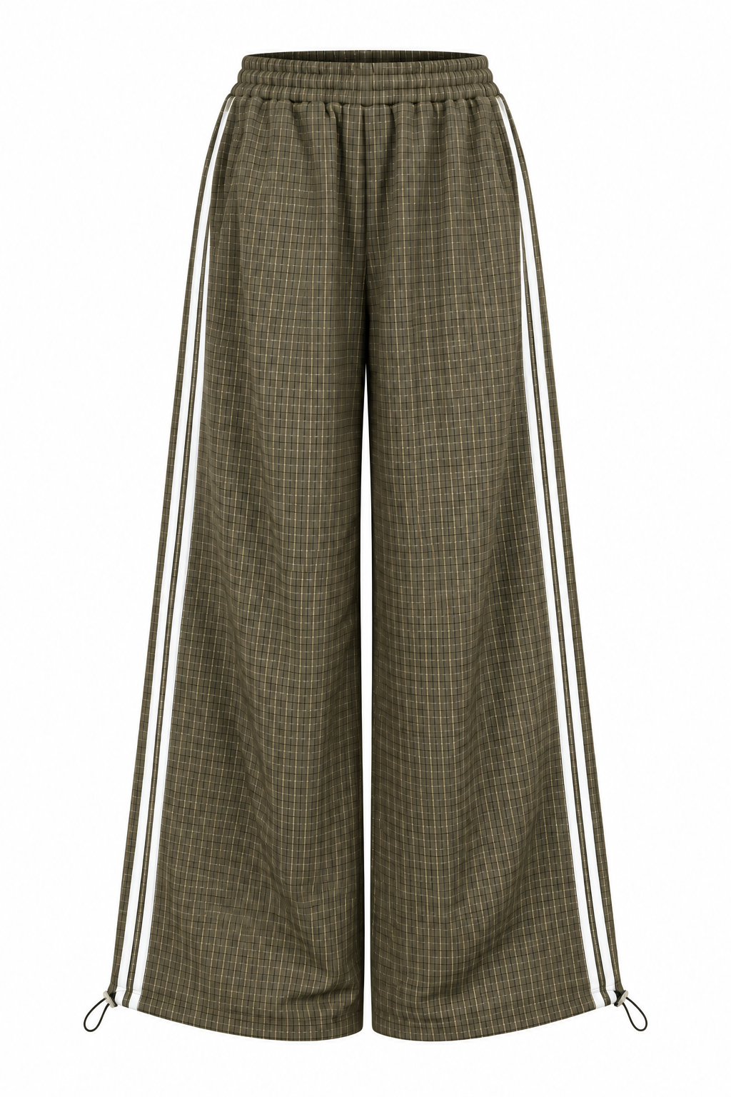 Olijfgroene geruite wide leg tracksuit broek met elastische taille en witte zijstrepen