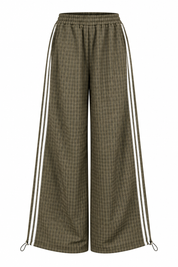 Olijfgroene geruite wide leg tracksuit broek met elastische taille en witte zijstrepen