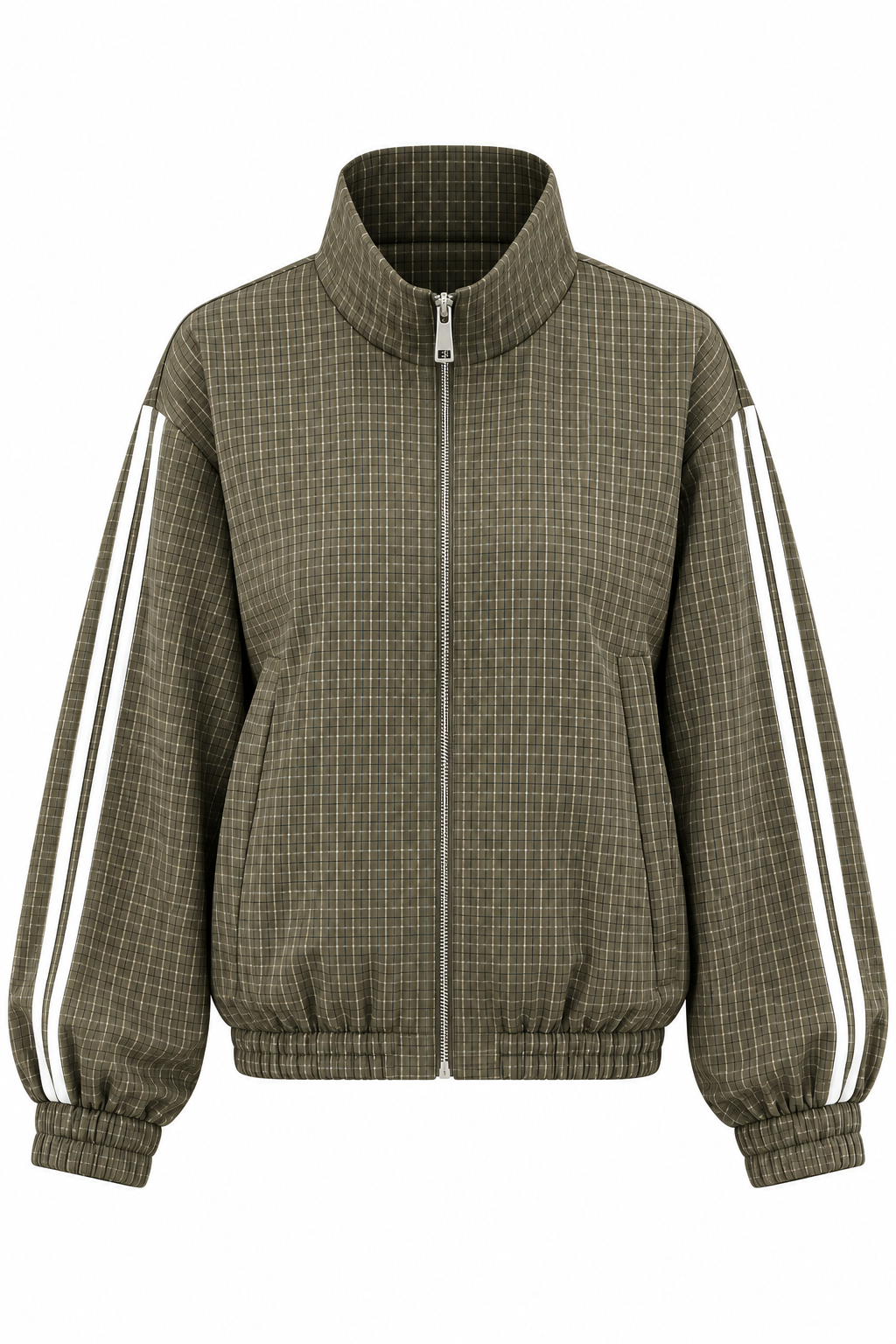 Olijfgroen geruit tracksuit vest met hoge kraag ritssluiting en witte mouwstrepen
