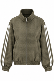Olijfgroen geruit tracksuit vest met hoge kraag ritssluiting en witte mouwstrepen