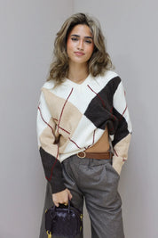 trui lange mouwen ruit beige draagfoto ladylike