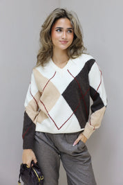 trui lange mouwen ruit beige zijaanzicht draagfoto ladylike