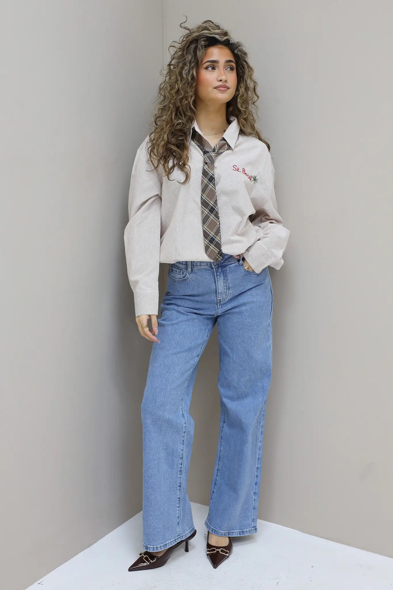 voorkant wide leg jeans high rise full length