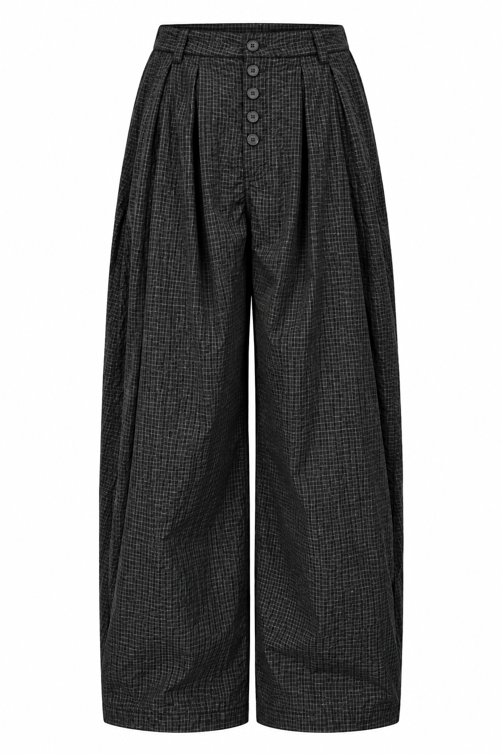 Zwarte windbreaker wide leg broek met fijne ruitjesprint hoge taille plooien en extra wijde pijpen op witte achtergrond