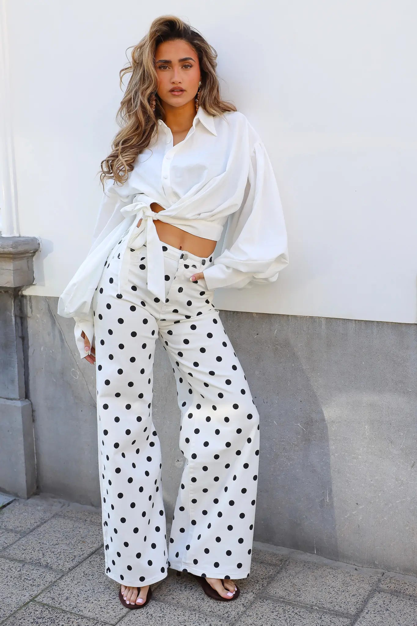 Witte polka dot jeans met wijde pijpen dames