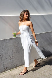 Witte strapless maxi jurk dames full body outfit buiten