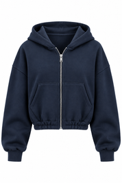 Donkerblauwe zip hoodie dames met capuchon ritssluiting en elastische onderkant